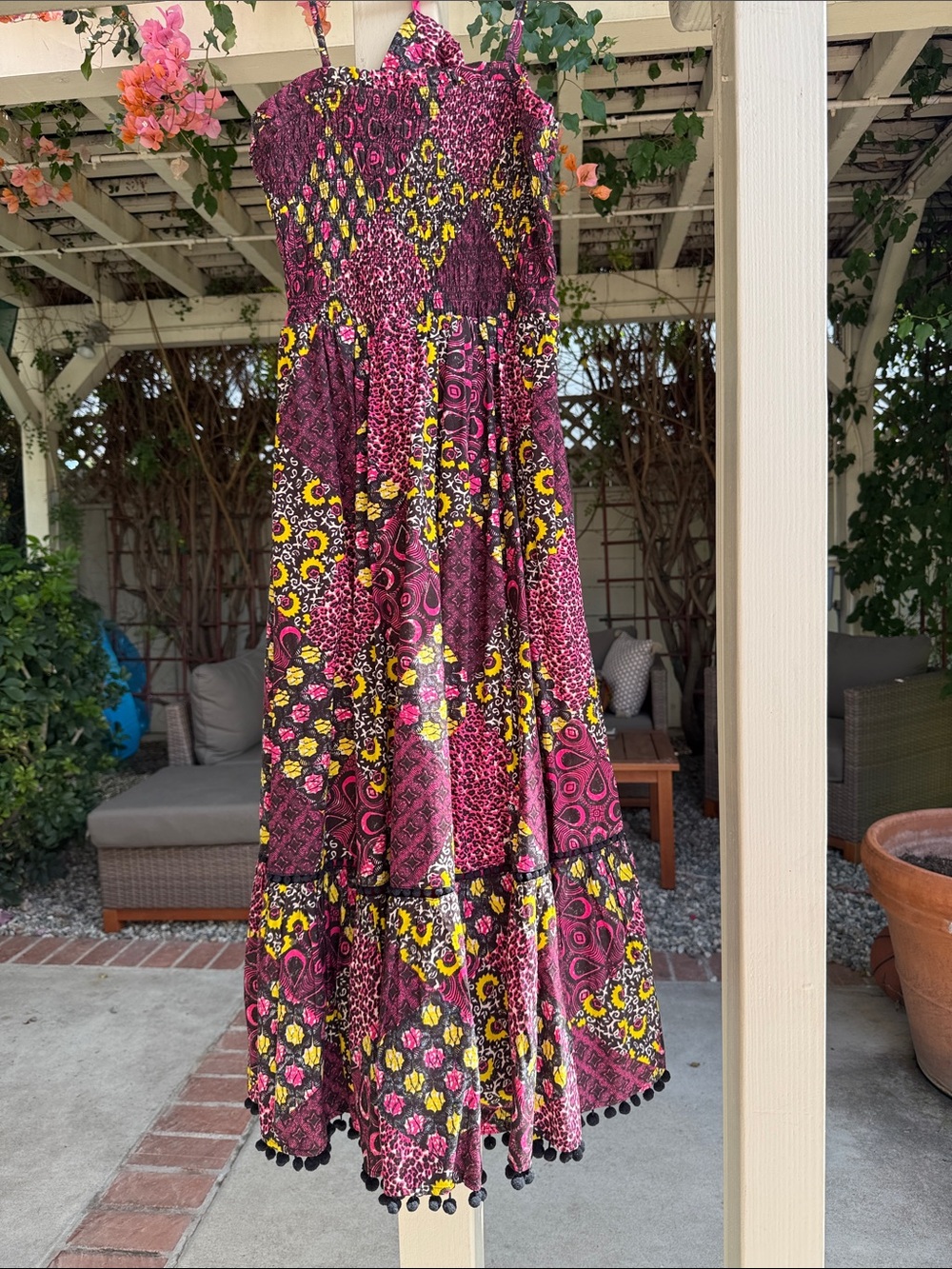 Anthropologie Pink and Yellow Patchwork Midi Dress